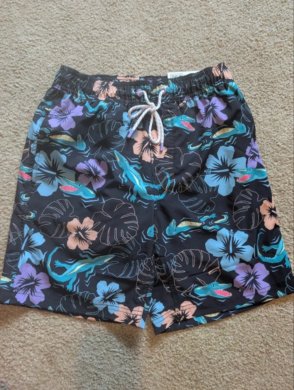 Boys Black Tropical Shark Swim Shorts with Drawstring